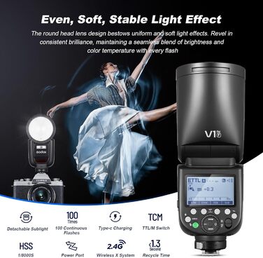 Godox V1PRO-F: Професійний спалах для камер Fujifilm з Li-ion батареєю, 76Ws, HSS 1/8000s, бездротовий зв'язок 2.4G, TTL