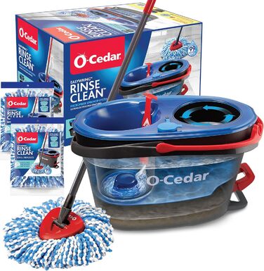 O-Cedar EasyWring Microfiber Spin Mop Refills, Floor Cleaning System with 2 Extra, Plastic, Rinseclean Spin Mop & Bucket + 2 Extra Refill Packs, RC