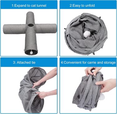 Cat Tunnel Toy, 4-Way Collapsible Cat Tunnel for Indoor Cats, Interactive Peek Hole, Pet Tunnel with Cat Wand Toy