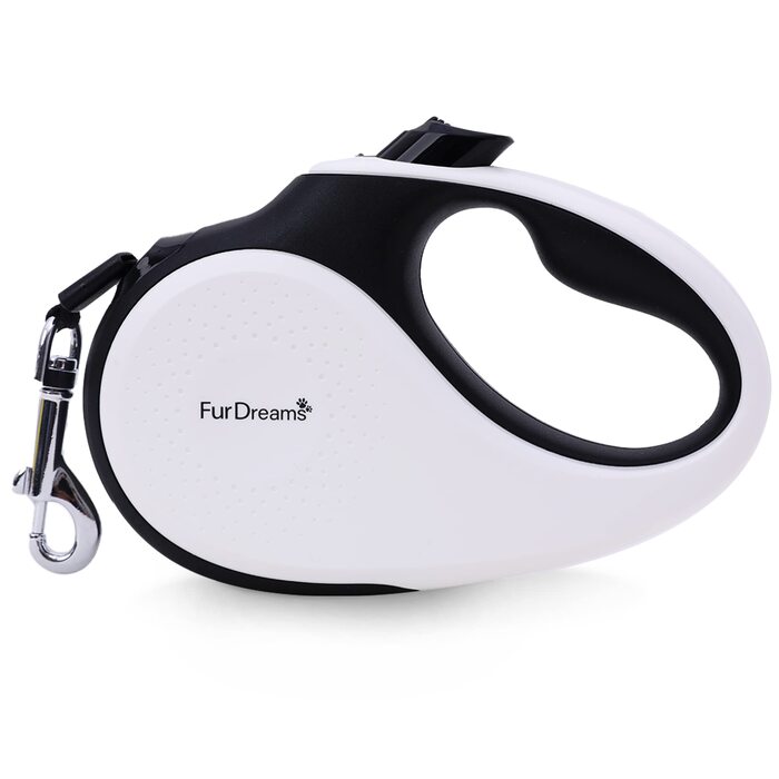 Рулетка для собак FurDreams – міцна висувна повідка 5 м | Зручна ручка з блокуванням | Міцний нейлоновий трос, що не заплутується | Кріплення для нашийника (велике) | Білий, великий