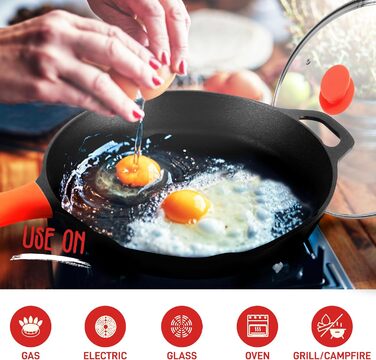 Сковорода NutriChef 30 см з кришкою, антипригарна, чавунна, з високим бортиком і силіконовою ручкою, для індукції, газу, електро- та керамічних плит, без PFOA та PFOS