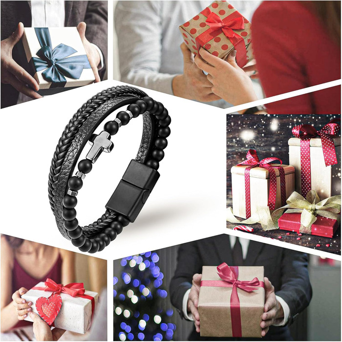 Чоловічий шкіряний браслет з хрестом, розарій, чорний/коричневий, аксесуар для чоловіків та хлопців