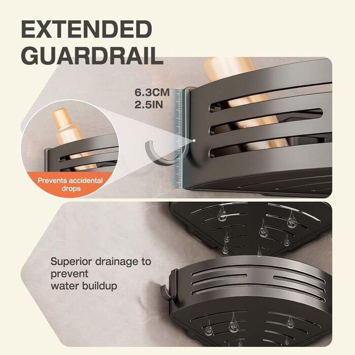 Поличка для душу Lekesky без свердління, кутова, з міцними присосками, алюміній, нержавіюча сталь, знімна, 2 шт., Gunmetal Grey