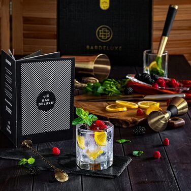 Набір бармена Boston Shaker Set BarDeluxe® 5 предметів: шейкер, аксесуари, рецепти, сумка (золото)