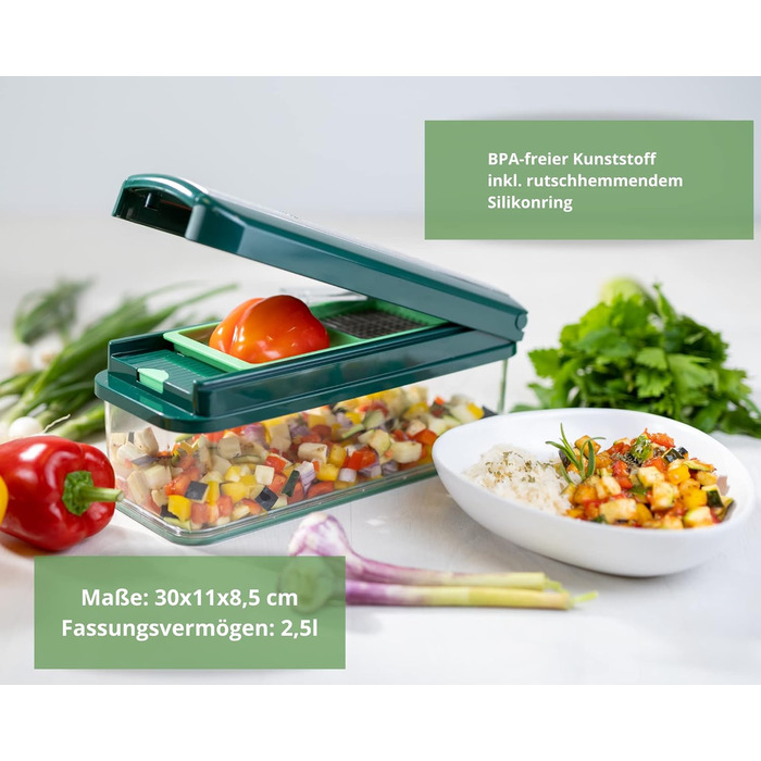 Набір для нарізки овочів Genius Nicer Dicer Exclusive 15 елементів: кубики, томати, тертка, слайсер, контейнер 2500 мл, зелений