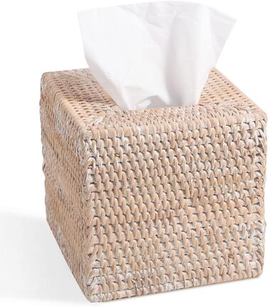 Rattan Cosmetic Tissue Box, 14 x 14 x 14.5 cm, Handwoven Square Tissue Box, Natural Decorative Tissue Box, Tissue Box Dispenser (Square, White)