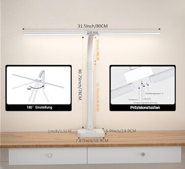 LED лампа для столу Doppelkopf з регулюванням яскравості, 24W, 80см, для дому/офісу, денне світло, лампа-лебідь, з підставкою для телефону