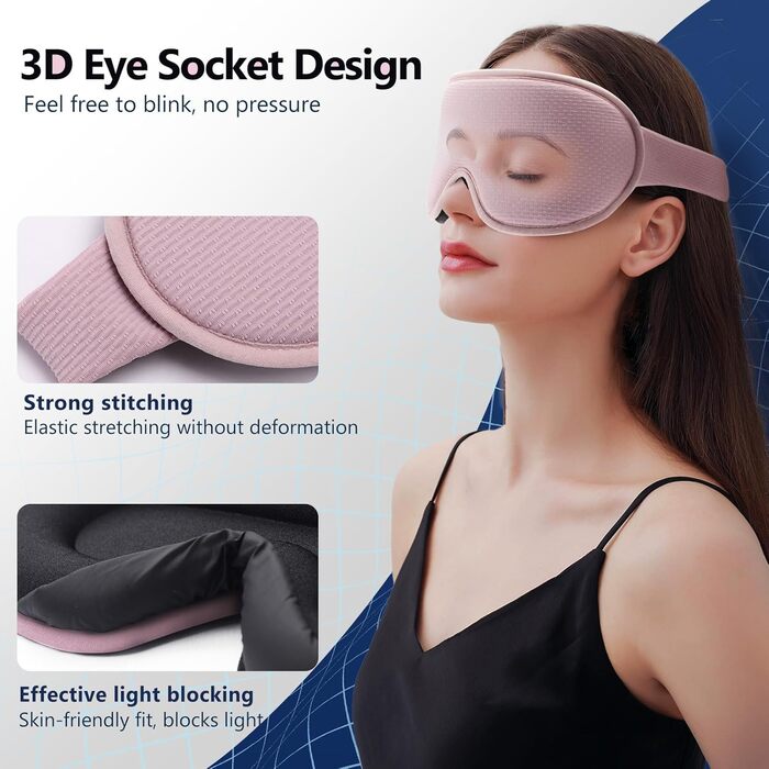 Маска для сну Aosun 3D для тих, хто спить на боці, оновлена версія 2025, повна світлоблокація, дихаюча тканина, регульована гумка, навушники, для подорожей, офісу, йоги (Рожева)