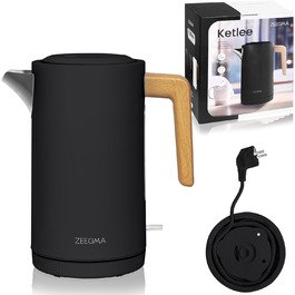 Електричний чайник ZEEGMA KETLEE 1,7 л бездротовий, з нержавіючої сталі, для чаю та кави, 2200 Вт, індикатор рівня води, автоматичне відключення, сучасний дизайн (білий/чорний)