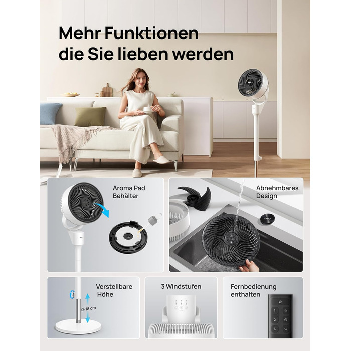 Дрео Безшумний підлоговий вентилятор з осциляцією, 1444 м³/год, 3 швидкості, таймер 6 годин, пульт дистанційного керування, циркуляція повітря за 3 хвилини, функція ароматерапії, білий