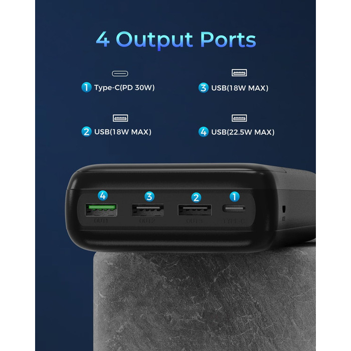 Power Bank 50000mAh з швидкою зарядкою 30W, USB-C, 4 виходи/2 входи, LED-дисплей. Зовнішній акумулятор для iPhone, Android, планшетів