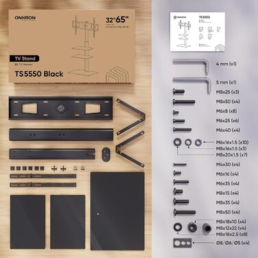 Настінна/Підлогова стійка для телевізора ONKRON TS5550-B: поворотна, регульована по висоті, VESA 600x400, 2 полиці, чорне скло