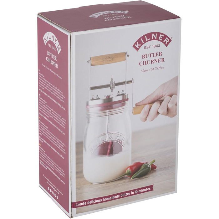 Kilner Butter Churn Glass with Hand Crank, Manual Hand Crank and Silicone Mixer, 1L, Opening: 7.2 cm, 16.5 cm x 11 cm x 27 cm, Make butter yourself in about 10 minutes, Glass butter container (pack of 2)