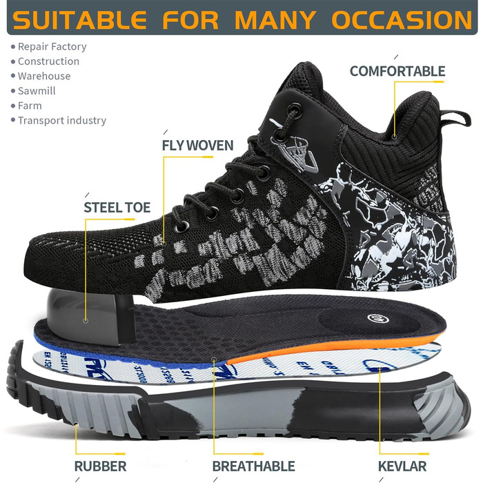 Черевики робочі чоловічі/жіночі, захисні, спортивні, з металевим носком, антиковзаючі, чорні, розміри 37-46 EU