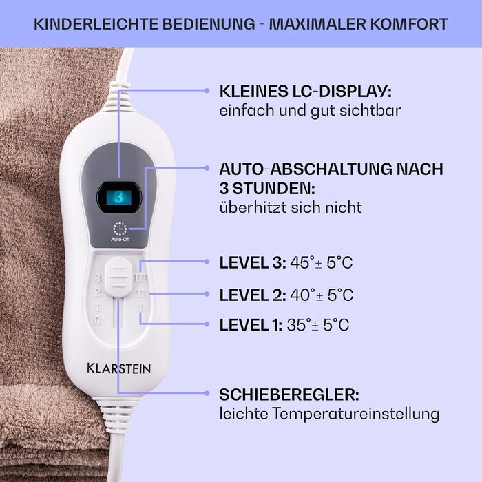 Електрична ковдра Klarstein XXL з підігрівом, 120W, 200x180 см, бежева. Автоматичне вимкнення, для ліжка, дивана та кемпінгу. Економна, пральна.