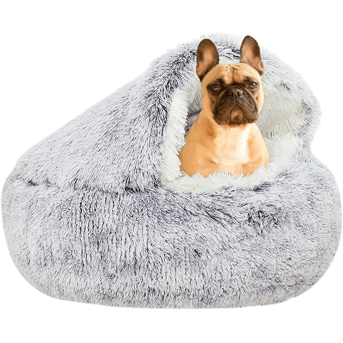 YUDANSI Cat Bed, 40cm Covered Dog Bed Cat Cave Bed Donut for Kittens Puppies, Plush Faux Fur Nest Fluffy Dog Bed Round Dog Cushion Dog Sofa Cat Bed for Cats and Small Dogs (Gray-65cm)
