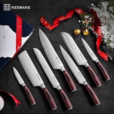 Професійний набір кухонних ножів KEEMAKE (5 предметів) з японської сталі та руків'я з паккавуду: Сантоку, ніж для хліба та аксесуари в подарунковій коробці
