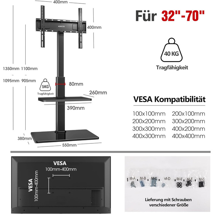 AOKCOS TV Stand - Adjustable Swivel & Tilt Floor Stand for 32-70 inch TVs (up to 40kg, VESA 400x400mm) - Black