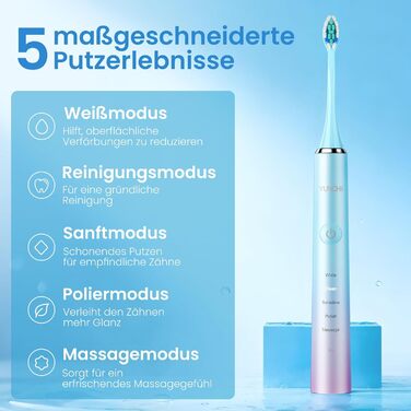 Електрична зубна щітка YUNCHI C2 з 40000 VPM, звукова щітка для дорослих, зарядка USB-C, 55 днів роботи від акумулятора, 5 режимів чищення, таймер 2 хвилини, 8 насадок, дорожній футляр, чорний (Ycyc-y7 Blue)