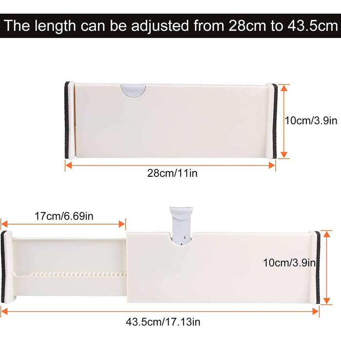 Drawer dividers, 11 inches - 17.1 inches, adjustable dresser, drawer dividers for cutlery and utensils, tray organizer for kitchen, drawer, bathroom, bedroom, office, or dresser, 4 pack