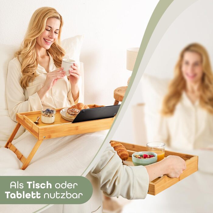 Бамбуковий приліжкові столики Blumtal з ніжками для планшетів/телефонів - столики для сніданку в ліжко - складаний приліжкові столики 50 x 30 x 6 см - сервірувальне піднос з ніжками - стабільний приліжкові столики з натурального дерева