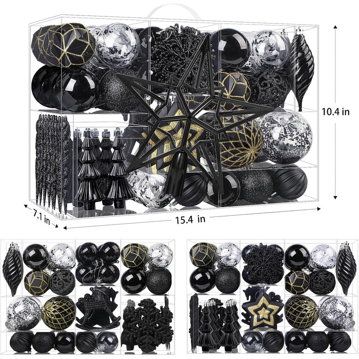 Набір з 100 штучних новорічних кулькок Shareconn, міцні, з гачками, різні розміри та дизайни, декор для ялинки, внутрішнє та зовнішнє прикрашання (чорний)