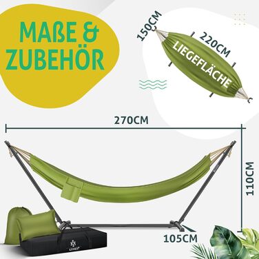 Гамак KESSER Lake з каркасом для двох, 200 кг, XXL, для саду, балкона, тераси, з подушкою та сумкою, колір хакі