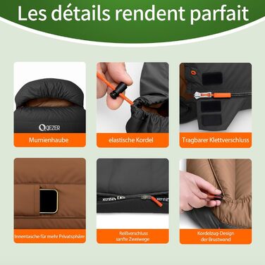 Спальний мішок XXL з пуху 3-4 сезони, 230x100 см, для дорослих, чорний, -3°C | Для кемпінгу, походів, рюкзаків