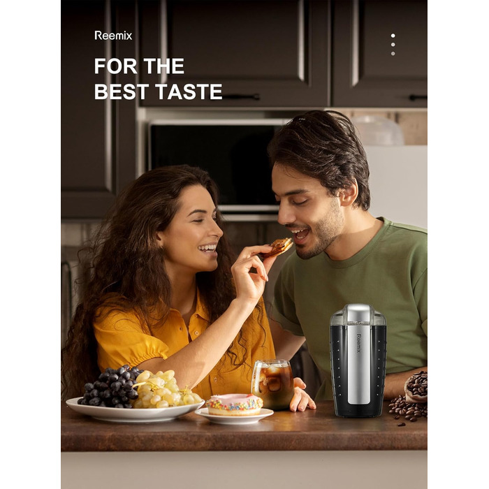 Електрична кавомолка Reemix, 100г, 2-в-1 (кава та спеції), з нержавіючої сталі, тиха, з щіткою та ложкою, чорна