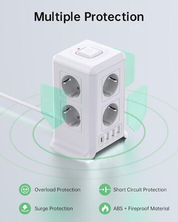 Багаторозкладна мережева панель Sameriver 8-fach з вимикачем, 4 USB, захист від перенапруги, 5 м, біла