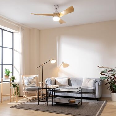 Стельовий вентилятор Cecotec EnergySilence Aero 5280 LightWood з LED підсвіткою 18W, 132 см, DC мотор, пульт, таймер, режими зима/літо, білий/дерево