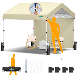 COBIZI Gazebo, Pop-up Gazebo, Waterproof, Stable, 275 cm Party Tent, UV Protection 50+, Foldable Gazebo with Wave Pattern for Camping, Beach, Family Gatherings (White) (Khaki, 3x3m with 1 Side Walls)