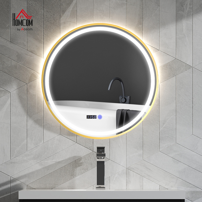 HOMCOM Round Bathroom Mirror with LED Lights, Anti-Fog Function, Touch Controls, and Display
