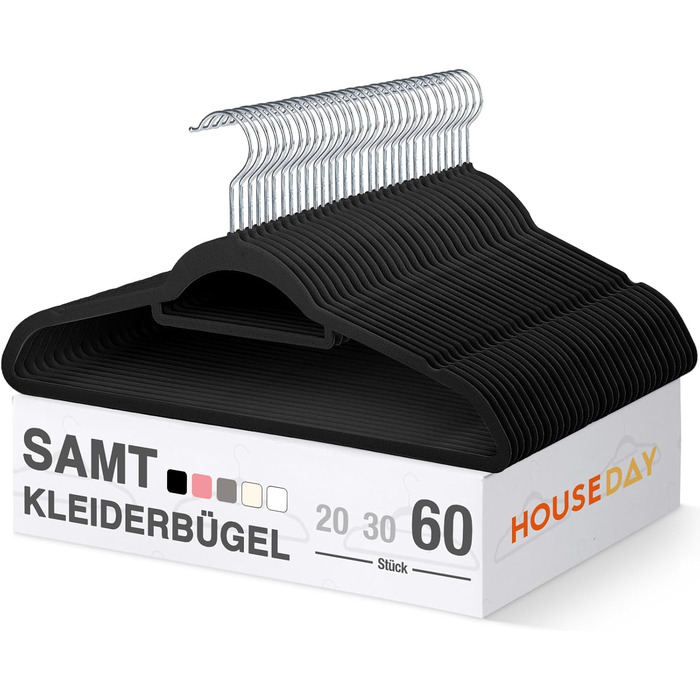 В'язки для одягу HOUSE DAY, 30 шт., преміум-якість, велюрові, обертаються на 360°, для сорочок, костюмів, светрів, штанів (Чорний, 60 шт.)