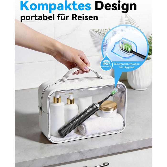 Електрична звукова зубна щітка JTF з УФ-дезінфекцією та сушінням, бездротова зарядка, 5 режимів чищення, 6 насадок, стаканчик для полоскання, акумуляторна для дому та подорожей (Чорна)