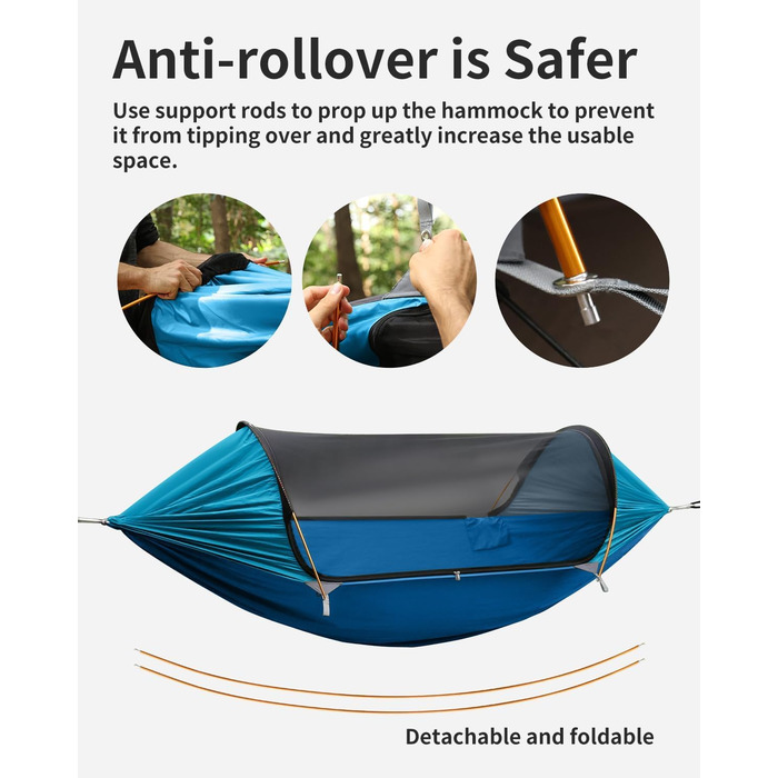 Гамак для кемпінгу 4-в-1 з москітною сіткою та знімним сонцезахистом, 290x140 см, для відпочинку на природі, пікніків, походів та подорожей, армійного кольору (106x55 см, блакитний)