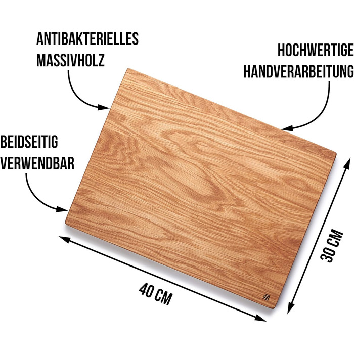Cutting and Serving Board made of high-quality oak, 40 x 30 cm | Antibacterial kitchen board from Europe | Serving board, breakfast board, solid wood board