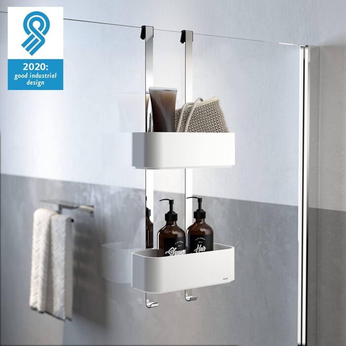 Tiger 2-Tier Shower Caddy, Shower Shelf without Drilling, for Hanging on the Shower Wall, Shower Shelf with Storage for Shower Gel & Co., with Integrated Hook, Stainless Steel, Plastic, Color: White