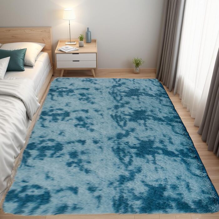 QUINZI М'який килим 160x230 см, високий ворс, сучасний, пухнастий, для спальні, вітальні, дитячої кімнати, з бахромою, нековзний, блакитний