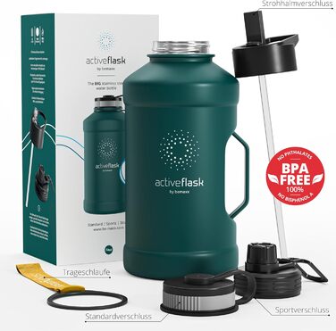 Спортивна пляшка з нержавіючої сталі ACTIVE FLASK 2,2 л з трубочкою, 3 кришки, BPA-free, герметична, для води і газованих напоїв, XL пляшка для спорту, фітнесу, туризму, темно-бірюзова