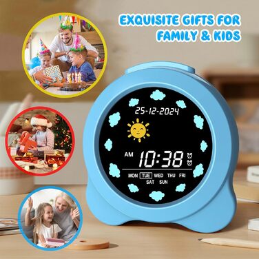 SENXINGYAN Kids Alarm Clock, Alarm Clock for Children with Sun & Moon LED Display, Day & Date Display, Sleep Trainer for Kids with Night Light & Sleep Sounds, Cute Alarm Clock for Kids Room