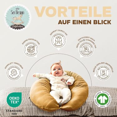 Подушка для годування sei Design XXL 190x30 з мусліновою наволочкою, ергономічна, для вагітних, для сну на боці, комфортна подушка для дорослих, наволочка з 100% бавовни [органічна бавовна] (Муслін Бернштайн, подушка для годування 190x30)