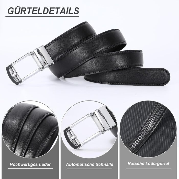 Чоловічий шкіряний ремінь JasGood з автоматичною пряжкою, 33 мм, для костюма, ділового стилю, повсякденного носіння (чорний, 130 см, обхват талії 101-115 см)