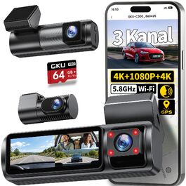 3-канальний автомобільний відеореєстратор GKU C300 4K+1080P+4K, передня, салонна та задня камери, 5.8G WiFi, чорний
