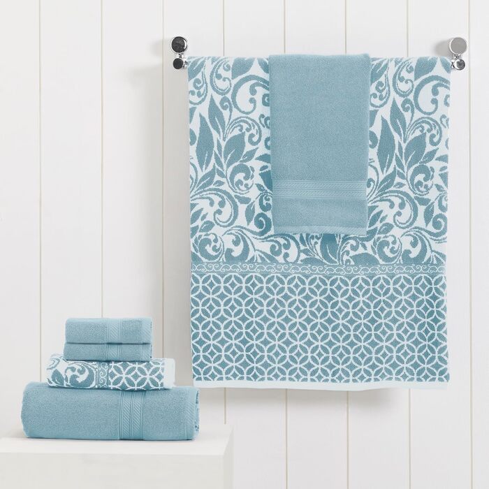 Modern Threads Trefoil Filigree 6-Piece Reversible Towel Set, Dyed, Jacquard, Bath Towels, Hand Towels, and Washcloths, Super Absorbent and Quick-Drying, 100% Combed Cotton Sterling Blue Standard