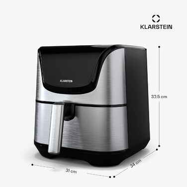 Klarstein AeroVital Deluxe Hot Air Fryer – 5.4L Airfryer, 1700W, Touch Display, 8 Programs, Non-Stick Coating, Grill Rack & Pizza Pan, Cool-Touch Housing, Timer & Temperature Control, Stainless Steel Hot Air Fryer + Basic Accessory Set