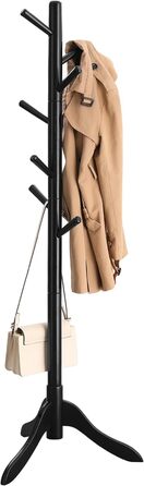 VASAGLE Coat Rack, Solid Wood Clothes Rack, Coat Stand with 8 Hooks, Tree Shape, 3 Adjustable Heights, for Coats, Jackets, Bags, for Entryway, Bedroom, RCR01GY (Black)