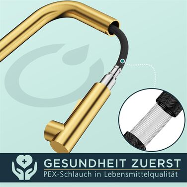 Змішувач для кухні FORIOUS з висувною лійкою та душем, 360° обертання, 2 режими, матовий золотий