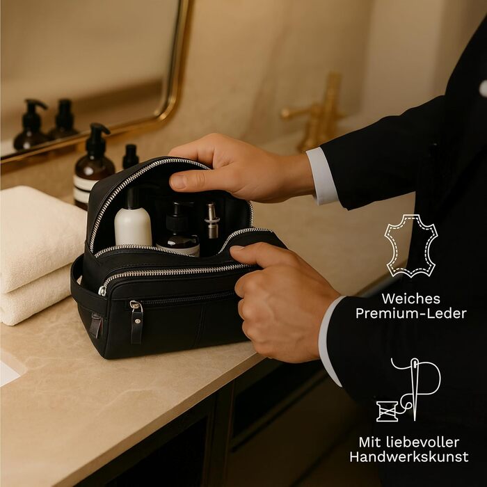 Сумка для косметики DONBOLSO Stockholm - Преміум шкіряна сумка для подорожей - Шкіряна косметичка для жінок та чоловіків з великою кількістю відділень - 25x13x15 см, Вінтажний чорний колір
