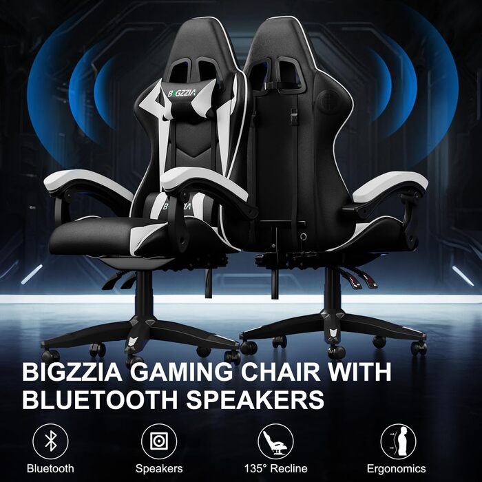 Геймерське крісло Bigzzia Ergonomisch з підтримкою попереку та голови, Bluetooth, чорно-біле, регульована висота, для підлітків та дорослих